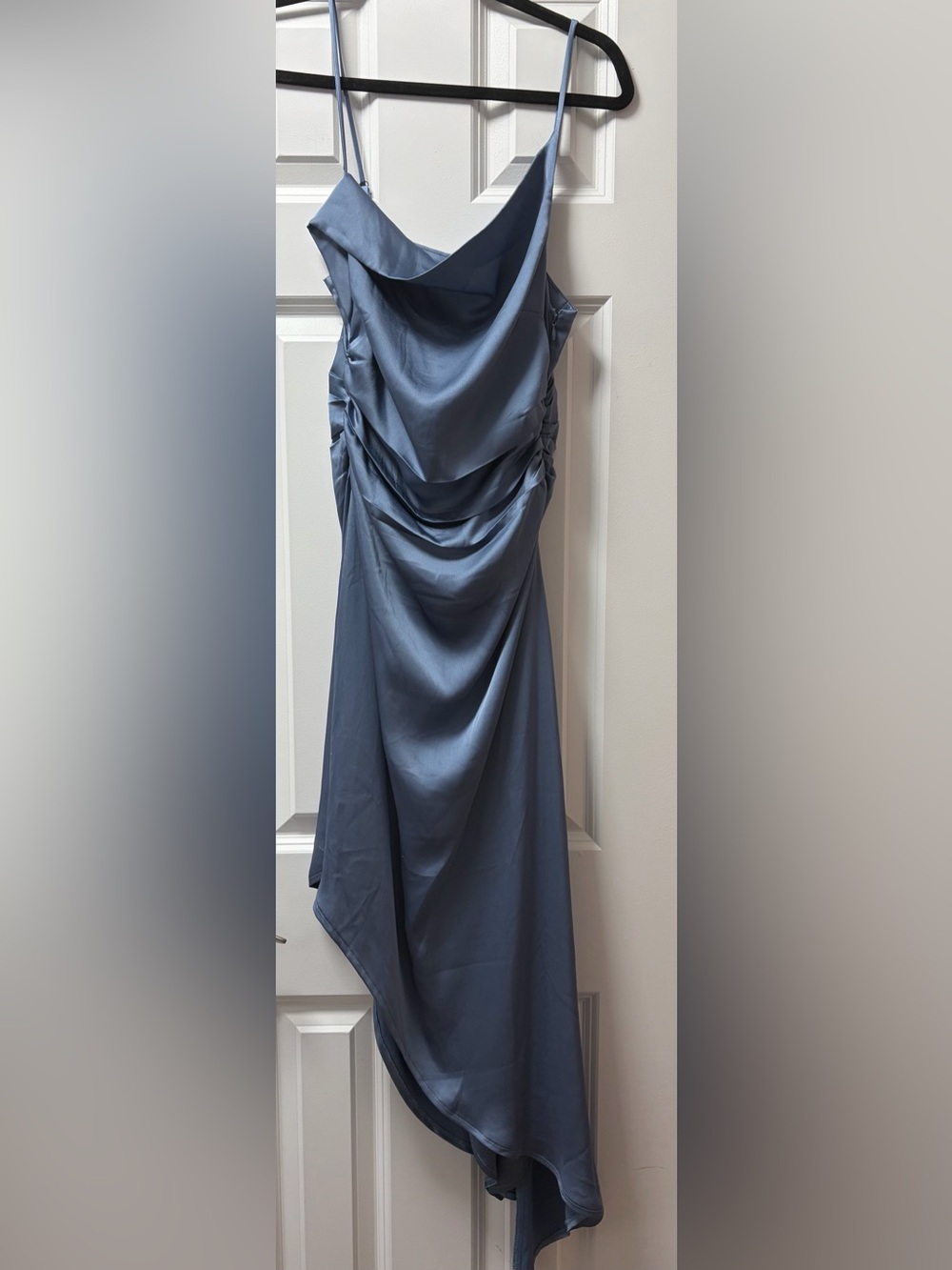 Elegant Blue Satin Asymmetrical Draped Women’s Dress